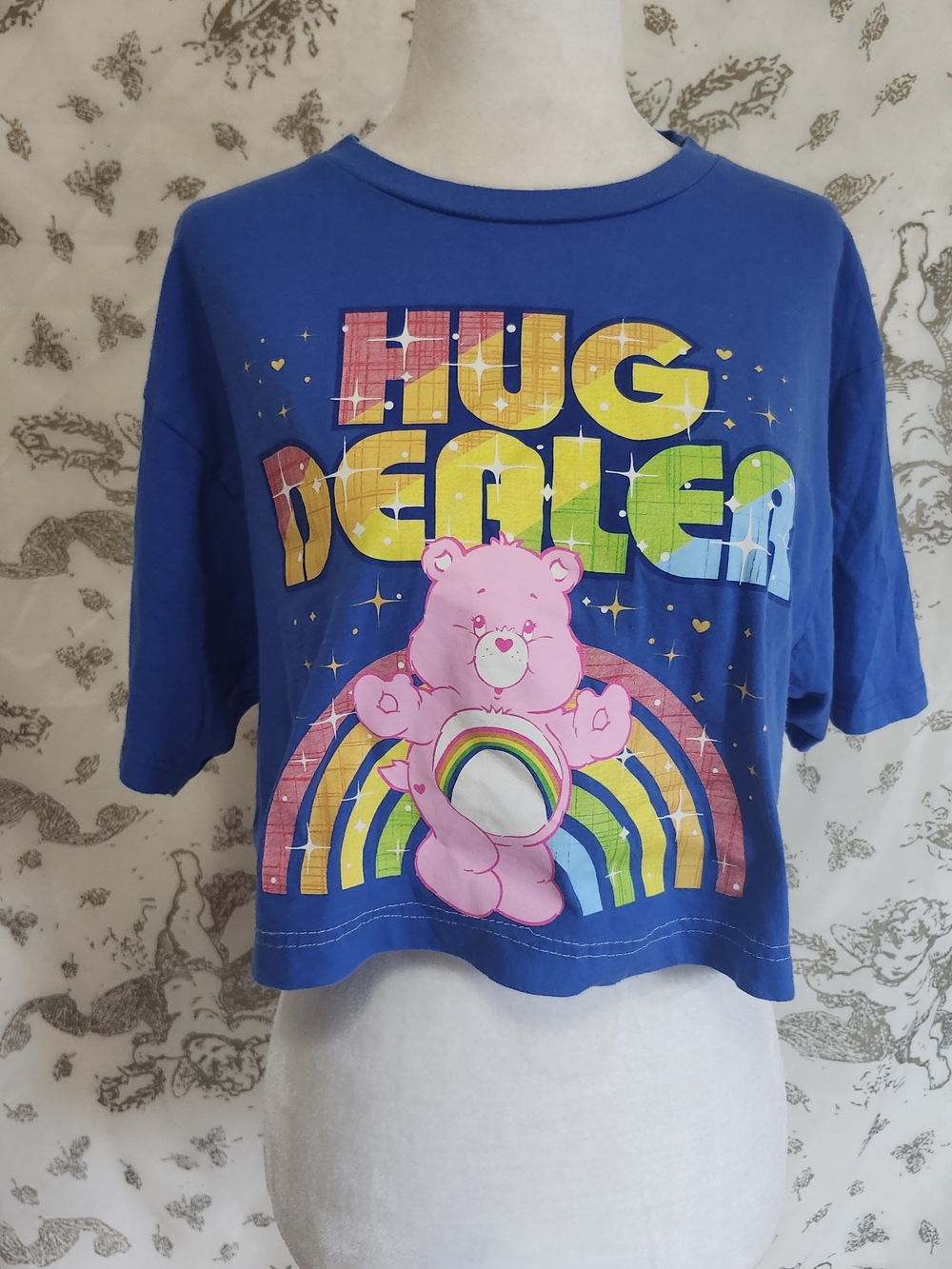 Ripple Junction Hug Dealer Care Bears Rainbow Cropped Blue T Shirt Sz L